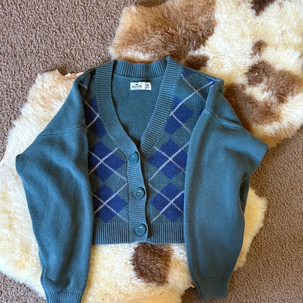Hollister Argyle Patterned Blue Sweater